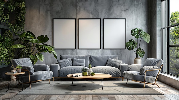 a living room with a gray couch and a coffee table with plants on it