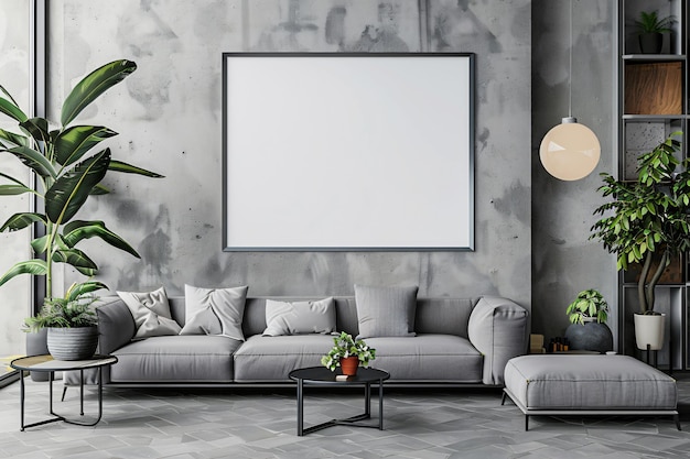 a living room with a gray couch and a large white picture on the wall