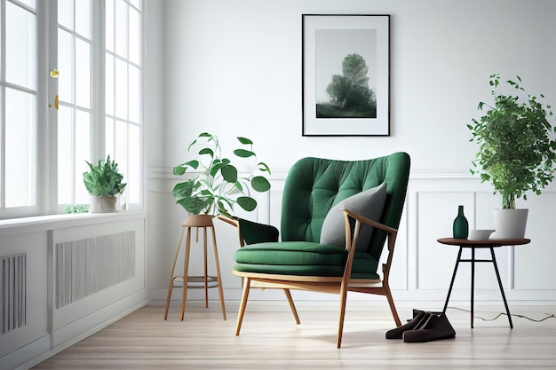 Living room with green armchair on empty dark white wall background Generative Ai