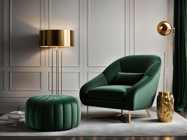 a living room with a green chair and a gold lamp