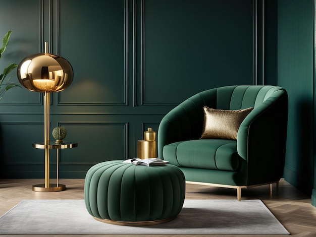 a living room with a green chair and a lamp