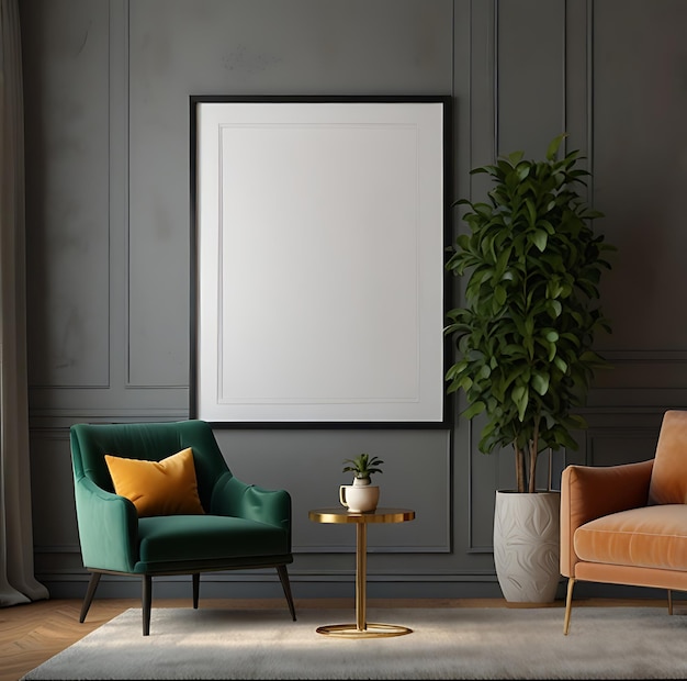 a living room with a green chair and a large white picture on the wall