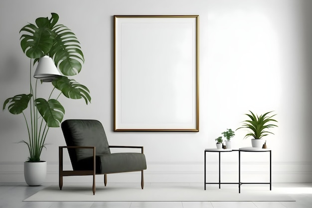 A living room with a green chair and a white table with a plant on it.