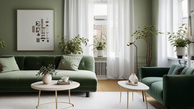 a living room with a green couch and a coffee table