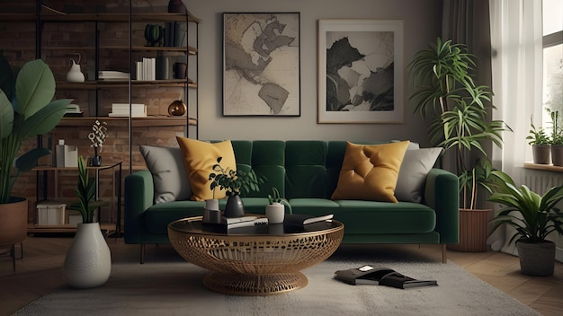 a living room with a green couch and a coffee table