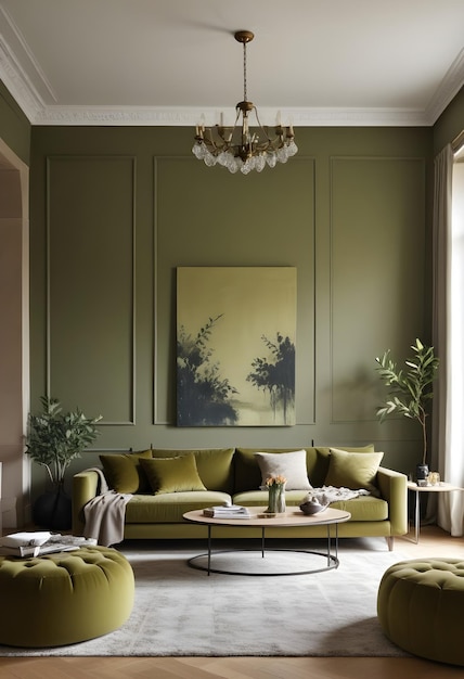 A living room with a green couch and a coffee table