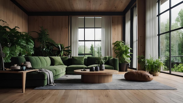 a living room with a green couch and a green couch with plants on it