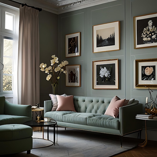 a living room with a green couch and pictures on the wall