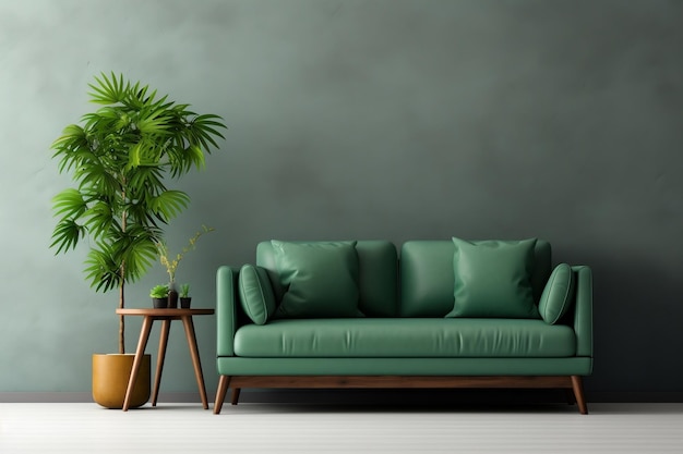 A living room with a green couch and a potted plant AI