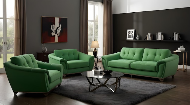 a living room with green couches and a coffee table