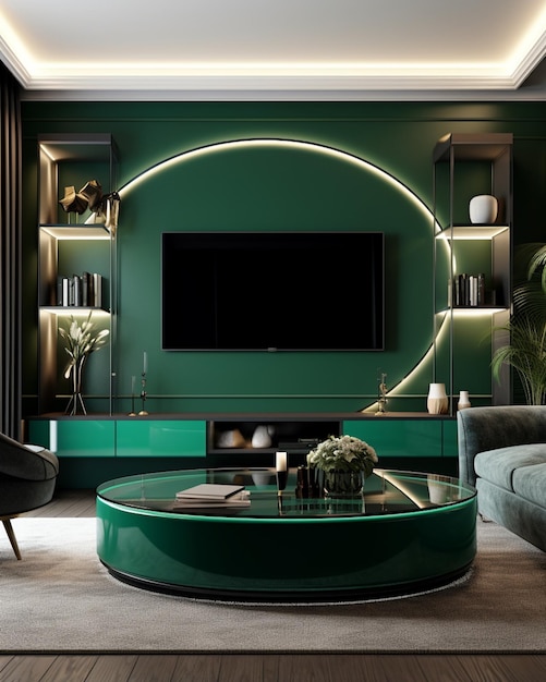 a living room with green furniture and a tv cabinet in the style of curved mirrors