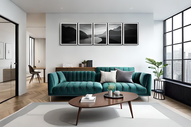 A living room with a green sofa and a coffee table with a mountain scene in the background.