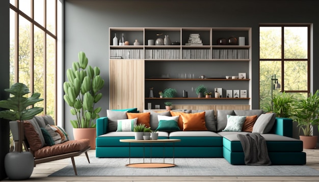 A living room with a green sofa and a plant on the shelf.