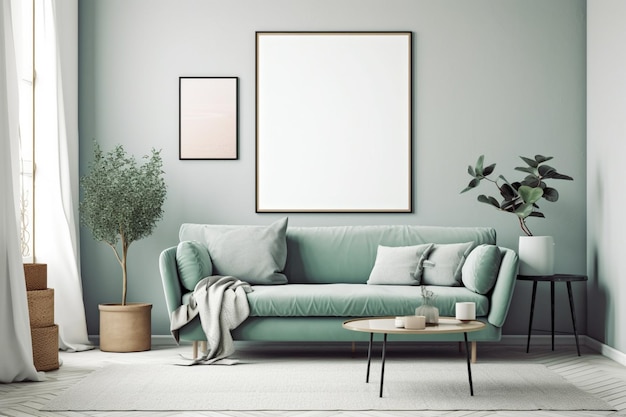 A living room with a green sofa and a plant on the wall.