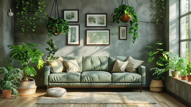 Living Room with Green Sofa and Plants