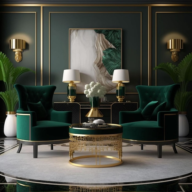 A living room with green velvet chairs and a round coffee table with gold lamps and green chairs.