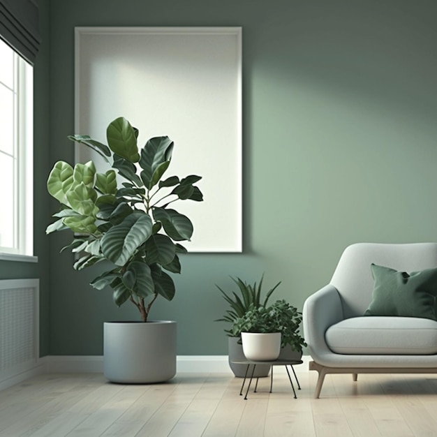 A living room with a green wall and a green wall with a plant in it.