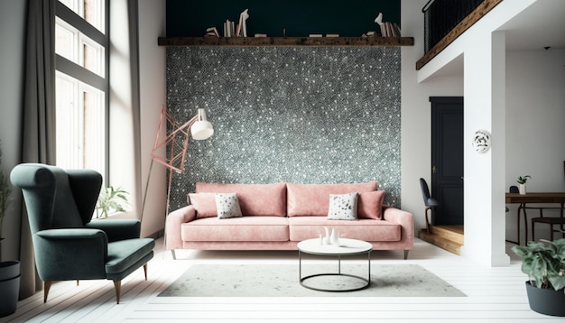 A living room with a green wall and a pink couch.