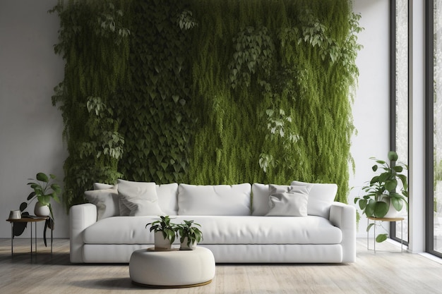 A living room with a green wall and plants on it