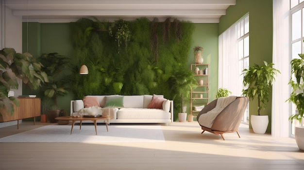 A living room with a green wall and plants on it