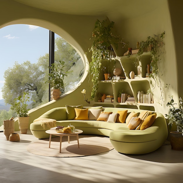 A living room with a A GREEN WALL a wall decoration