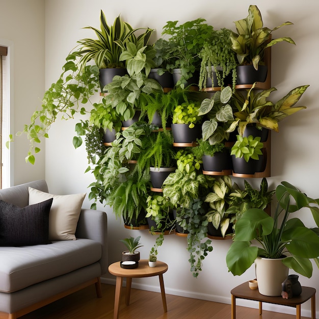 A living room with a A GREEN WALL a wall decoration