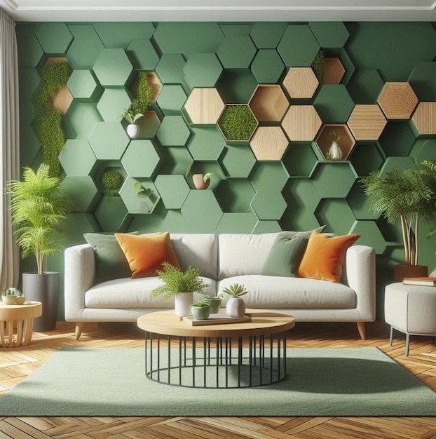 A living room with a green wall with hexagons and a sofa and a coffee table