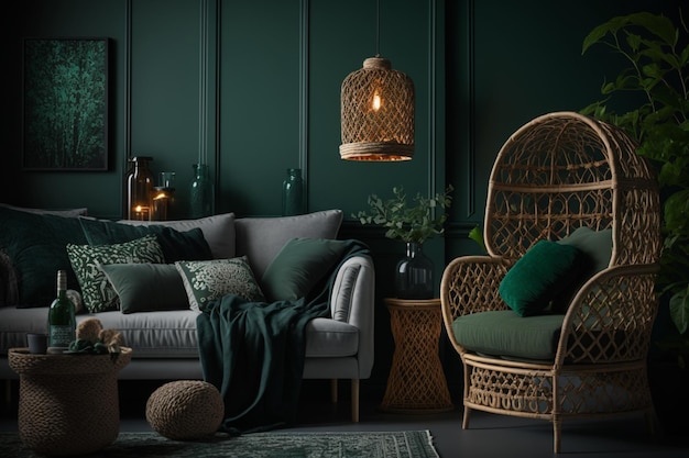 A living room with green walls and a green sofa with a chair and a lamp.