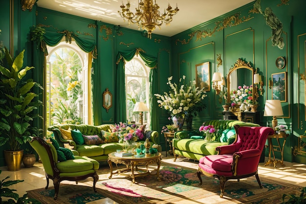 A living room with green walls