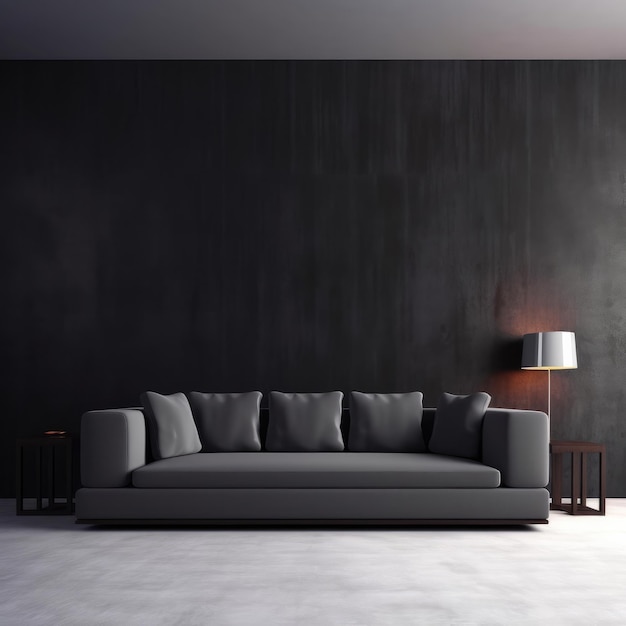 A living room with a grey couch and a lamp on the wall.