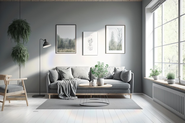 A living room with a grey sofa and a plant on the wall.