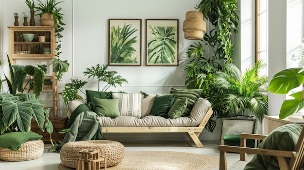 Photo living room with indoor plants and a green natureinspired color scheme