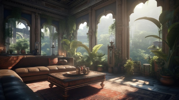 A living room with a jungle scene in the background