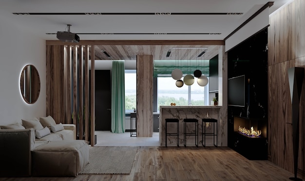 Living room with kitchen, hallway and dining room, fireplace, wood paneling and marble