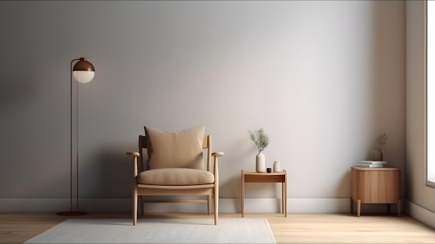 A living room with a lamp and a chair in front of it.