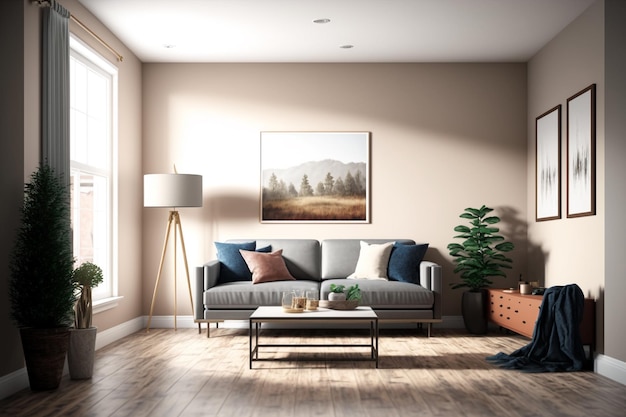 A living room with a lamp and a couch in front of a window.