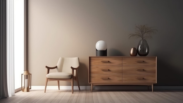 A living room with a lamp and a dresser