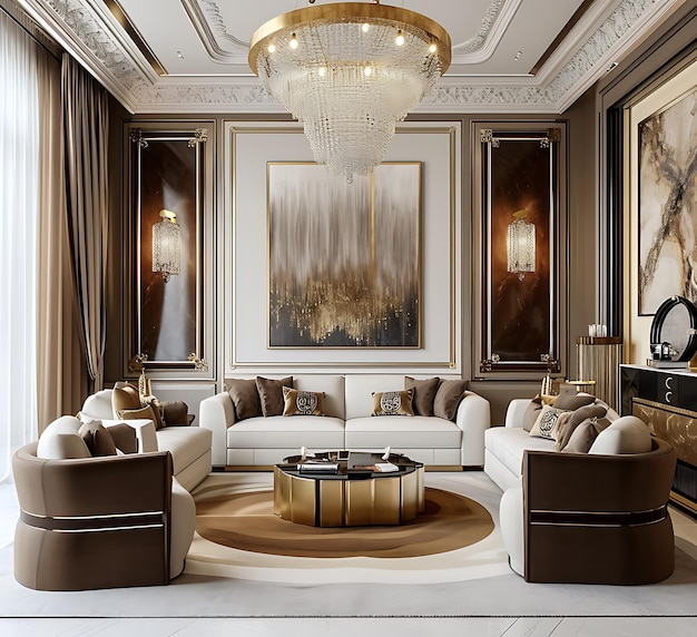 a living room with a large chandelier and a large picture of a couch