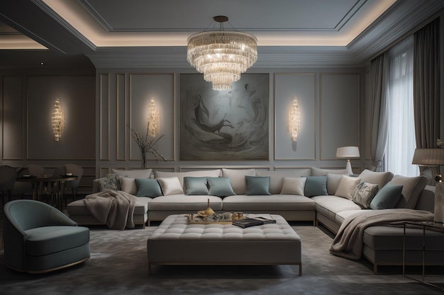 A living room with a large chandelier and a large sofa with a blue and white pillows.