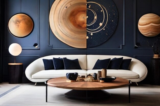 Photo a living room with a large circular table and a large circular black and brown planet on the wall