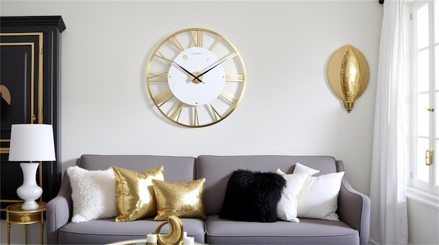 A living room with a large clock on the wall that says'the time is 10 : 30 '