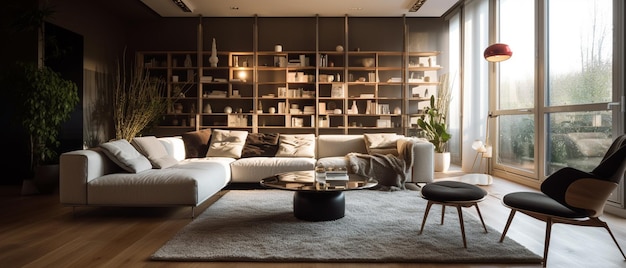 A living room with a large couch and a coffee table with a black and white rug.