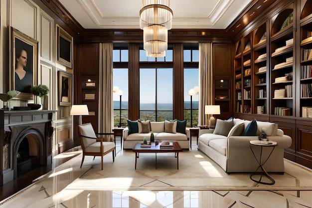 A living room with a large couch and a large window with a view of the ocean.