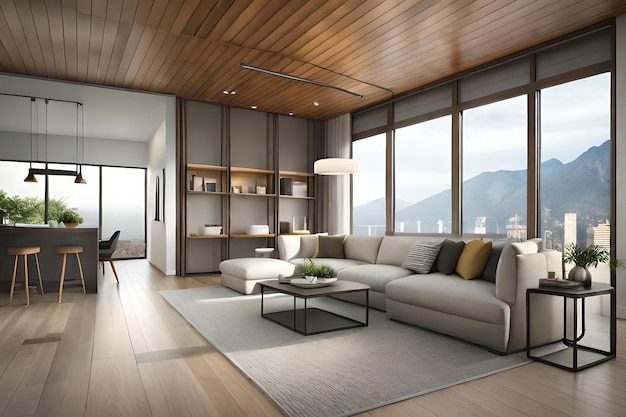 A living room with a large couch and a table with a book shelf on it.