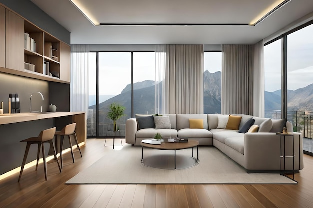 A living room with a large couch and a table with a bookcase on it.