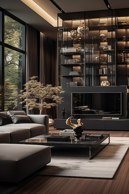 a living room with a large fireplace and a large screen