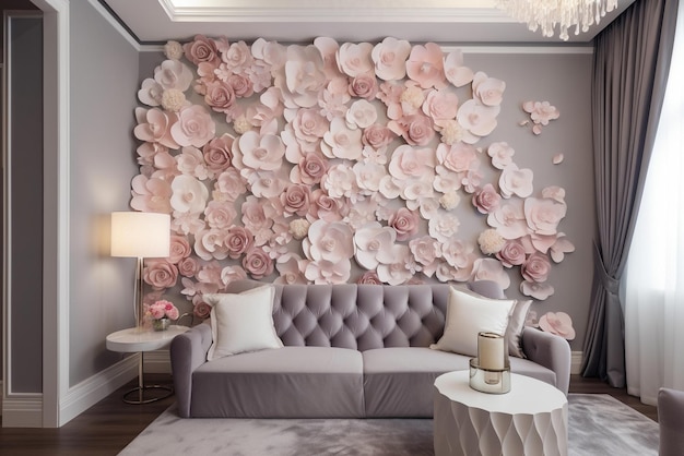 A living room with a large flower wallpaper