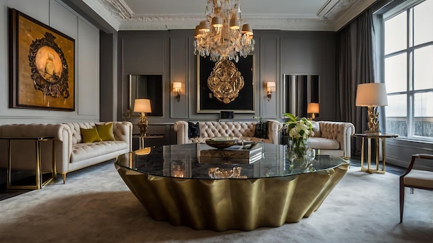 Photo a living room with a large gold and black table and chairs