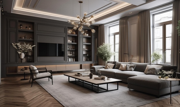 A living room with a large gray sofa and a large coffee table.