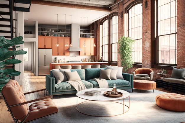 A living room with a large kitchen and a brick wall with a brick wall.